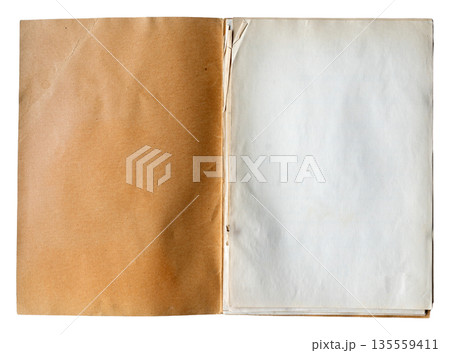 open file folder with aged stained empty pages isolated on white open file folder with aged stained empty pages isolated on white 135559411