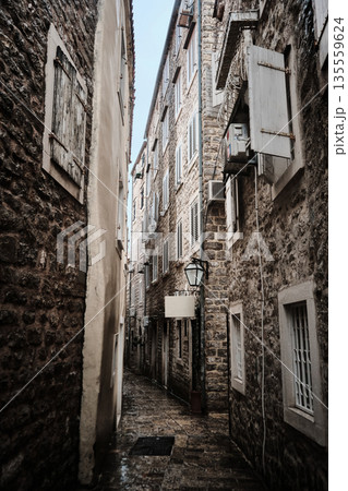 Narrow Stone Alleyway in Old Town District 135559624