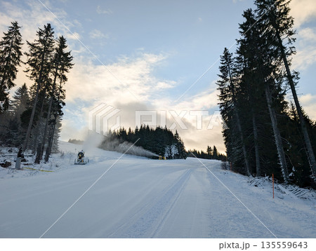 Freshly groomed ski slope with snowmaking machines in Kopaonik forest. Resort preparation, winter infrastructure, and snow reliability through technology, maintenance, and alpine operations. 135559643
