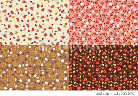 フルーツとナッツ入りチョコレートのシームレスパターン4種セット ベクター背景 135559670