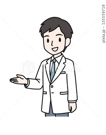 案内をする白衣姿の医療関係者の男性のイラスト素材 135559719