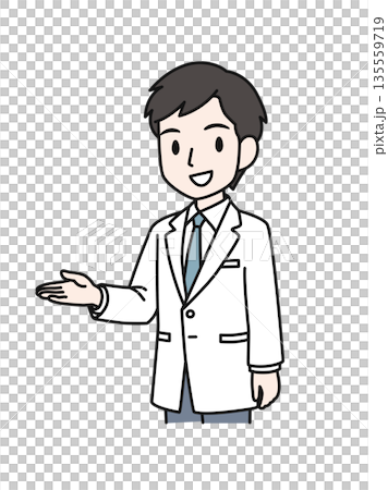 案内をする白衣姿の医療関係者の男性のイラスト素材 135559719
