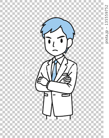 插畫素材：一位身穿白大褂、雙臂交叉、心情不好的男性醫護人員 135559752