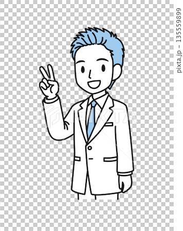 Illustration material of a male medical professional in a white coat making a peace sign Illustration material of a male medical professional in a white coat making a peace sign 135559899