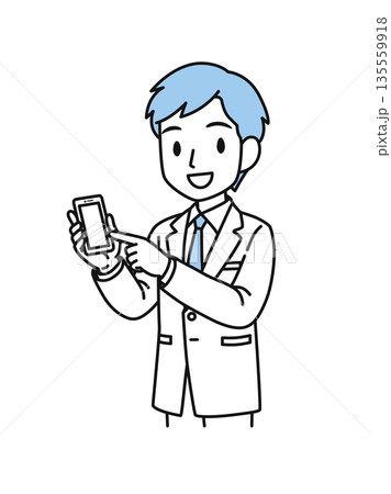 スマホを指差す白衣姿の医療関係者の男性のイラスト素材 135559918