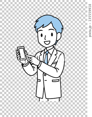 スマホを指差す白衣姿の医療関係者の男性のイラスト素材 135559918