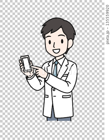 插畫素材:一位身穿白大褂的男性醫護人員正指著一部智慧型手機 插畫素材:一位身穿白大褂的男性醫護人員正指著一部智慧型手機 135559920