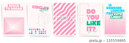Pink pastel abstract poster set with wavy stripes pattern, minimal typography layouts, modern Y2K aesthetic backgrounds. Modern Templates of Covers or poster banners. Pink pastel abstract poster set with wavy stripes pattern, minimal typography layouts, modern Y2K aesthetic backgrounds. Modern Templates of Covers or poster banners. 135559995