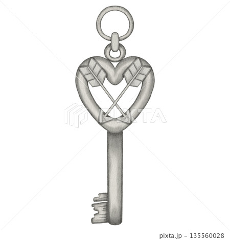 Decorative watercolor key with a heart-shaped head and crossed arrows. Ideal for romantic designs, Valentine's Day, and wedding invitations, packaging, textiles, postcards Decorative watercolor key with a heart-shaped head and crossed arrows. Ideal for romantic designs, Valentine's Day, and wedding invitations, packaging, textiles, postcards 135560028