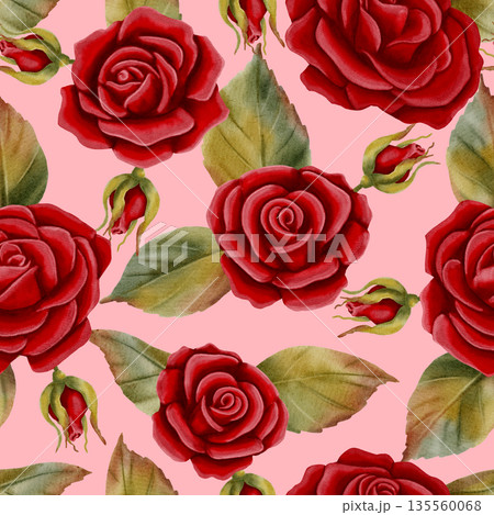 Elegant seamless pattern with hand-drawn watercolor red roses. Perfect for Valentine's Day, weddings, romantic gift wrapping, and floral textile prints. 135560068