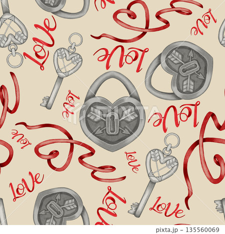 Watercolor seamless pattern with heart locks, keys and love lettering. Perfect for Valentine's Day designs, gift wrap, packaging, stationery, cafes, shops, menus and romantic branding. 135560069