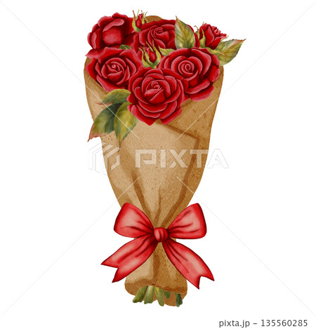A hand-drawn watercolor illustration featuring a bouquet of roses, hearts, letters, and parchment. Perfect for romantic Valentine's Day designs, wedding invitations, packaging, and textiles. 135560285
