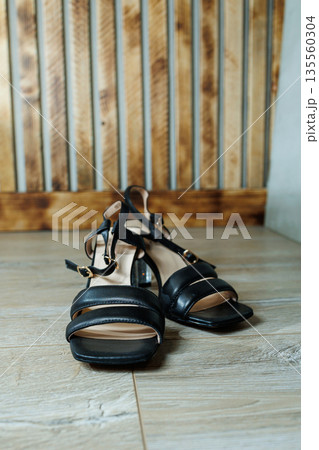 Black leather heeled sandals, summer sandals for women. Black leather heeled sandals, summer sandals for women. 135560304