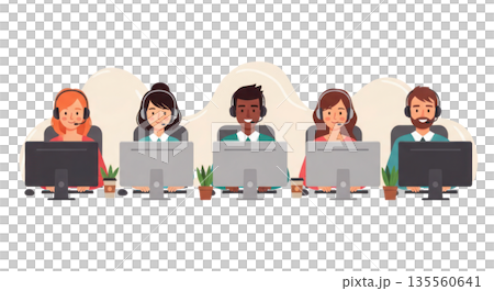 Vector illustration of a diverse customer support team working at desks with computers and plants, showcasing a collaborative office environment. Isolated on transparent background. 135560641