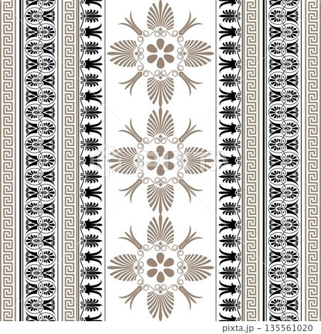 Seamless vector pattern with Greek ornaments. Classic Greek borders, palmettes, and ornate gold-and-black floral patterns. Historical style. Vector illustration. Seamless vector pattern with Greek ornaments. Classic Greek borders, palmettes, and ornate gold-and-black floral patterns. Historical style. Vector illustration. 135561020