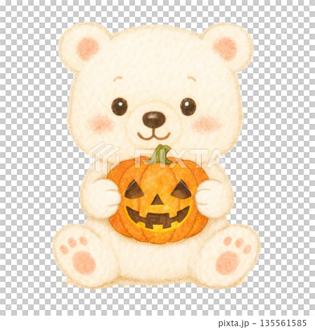 【萬聖節】色鉛筆插畫，一隻北極熊拿著南瓜燈 135561585