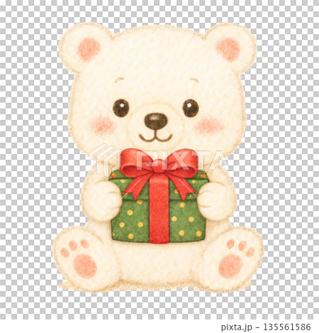 [Christmas] Colored pencil illustration of a polar bear holding a present 135561586