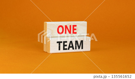 One team symbol. Concept word One team on beautiful wooden blocks. Beautiful orange paper background. Business one team concept. Copy space. One team symbol. Concept word One team on beautiful wooden blocks. Beautiful orange paper background. Business one team concept. Copy space. 135561652