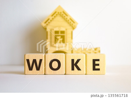 Woke question symbol. Concept word Woke question on beautiful wooden blocks. Beautiful white table white background. Wooden house. Business, lifestyle, support and woke question concept. Copy space. Woke question symbol. Concept word Woke question on beautiful wooden blocks. Beautiful white table white background. Wooden house. Business, lifestyle, support and woke question concept. Copy space. 135561718