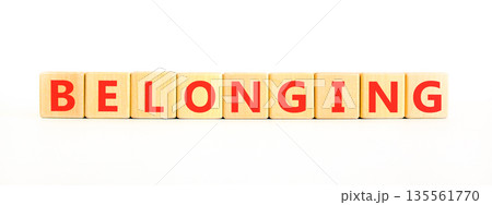 Belonging symbol. Concept words Belonging on beautiful wooden blocks. Beautiful white background. Business support belonging concept. Copy space. 135561770