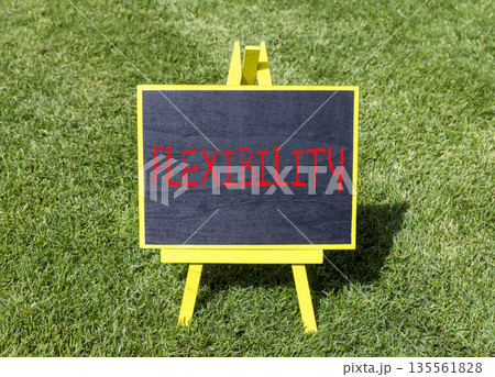 Flexibility symbol. Concept word Flexibility on beautiful black blackboard. Beautiful green grass lawn background. Business flexibility concept. Copy space. Flexibility symbol. Concept word Flexibility on beautiful black blackboard. Beautiful green grass lawn background. Business flexibility concept. Copy space. 135561828