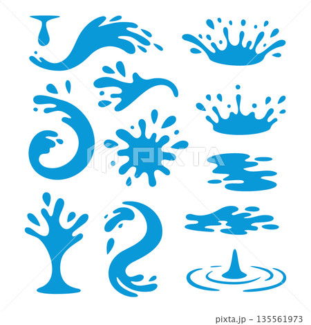Set of multiple blue water splashes. Flat cartoon liquid shapes for abstract decoration, design and creative projects 135561973
