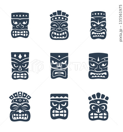 Set of nine tiki mask silhouettes with fierce faces. Polynesian tribal vector design for tattoos, posters and cultural artwork 135561975
