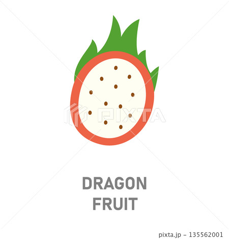 Dragon fruit pitaya icon. Exotic tropical fruit illustration with seeds and green spiky leaves 135562001