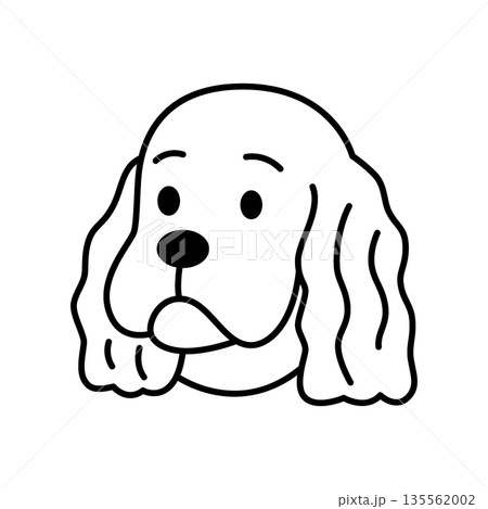 Cute spaniel dog cartoon face with long curly ears. Flat minimalist black and white vector for pet designs and kids themes Cute spaniel dog cartoon face with long curly ears. Flat minimalist black and white vector for pet designs and kids themes 135562002