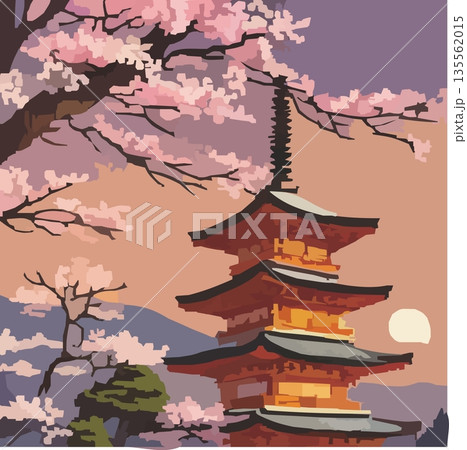 五重塔と富士山と桜の太陽の風景 のベクターイラスト 135562015