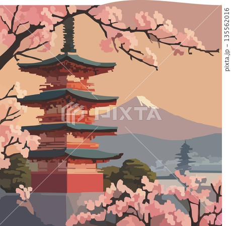 日本の伝統的な風景イラスト - 桜、五重塔、富士山 のベクターイラスト 135562016