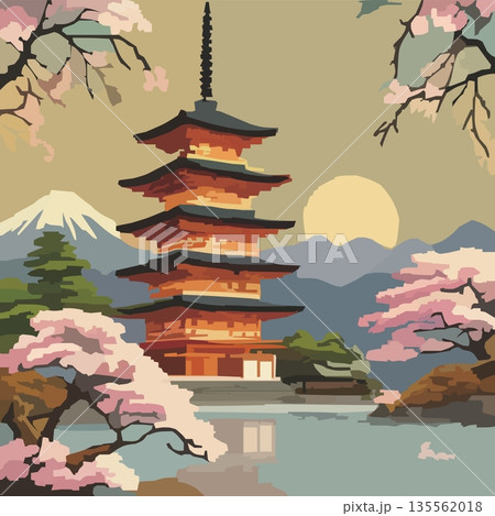 五重塔と富士山と桜の春の風景 のベクターイラスト 135562018
