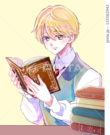 読書をする貴族風の少年　笑顔　金髪碧眼　机 135562042