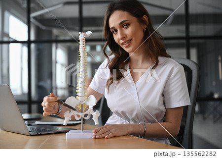 Showing the model of human spine. Woman doctor is in the office 135562282
