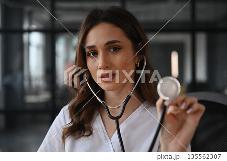 Ready for work, with stethoscope. Woman doctor is in the office 135562307