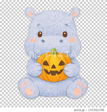 【萬聖節】河馬手持南瓜燈的色鉛筆插畫 135562346