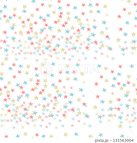 Seamless pattern with colorful red, blue and yellow stars confetti painted in watercolor on white isolated background. Transparent realistic for sticker, card, fabric, tags, textile printing Seamless pattern with colorful red, blue and yellow stars confetti painted in watercolor on white isolated background. Transparent realistic for sticker, card, fabric, tags, textile printing 135563004