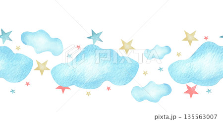 Seamless border horizontal watercolor illustration clouds and stars. for stationery, scrapbooking, wedding invites, fabric patterns, greeting cards, newborn, baby shower, greeting or birthday template Seamless border horizontal watercolor illustration clouds and stars. for stationery, scrapbooking, wedding invites, fabric patterns, greeting cards, newborn, baby shower, greeting or birthday template 135563007