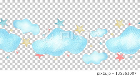 Seamless border horizontal watercolor illustration clouds and stars. for stationery, scrapbooking, wedding invites, fabric patterns, greeting cards, newborn, baby shower, greeting or birthday template Seamless border horizontal watercolor illustration clouds and stars. for stationery, scrapbooking, wedding invites, fabric patterns, greeting cards, newborn, baby shower, greeting or birthday template 135563007