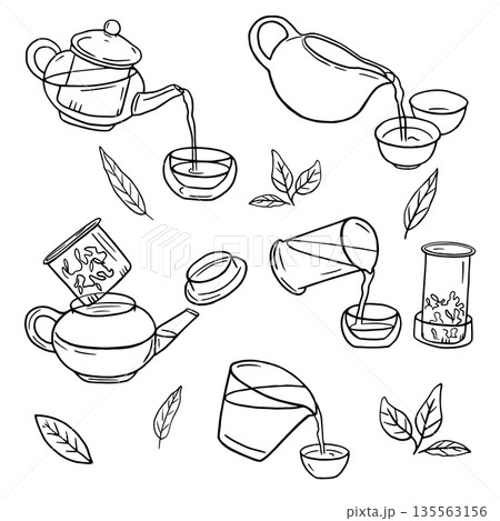 Tea ceremony doodle illustrations. Brewing Chinese tea hand drawn set 135563156