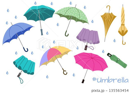 Set of various umbrellas in different positions. Portable umbrellas for travel and rainy weather adventures. Vector illustration. Set of various umbrellas in different positions. Portable umbrellas for travel and rainy weather adventures. Vector illustration. 135563454