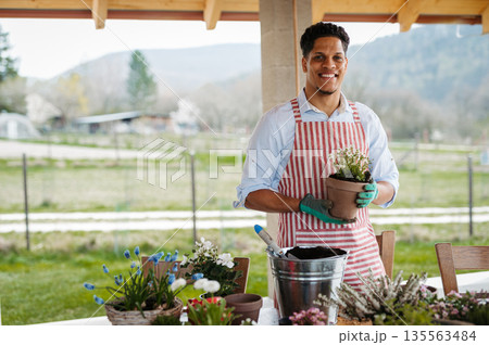 Male gardener outdoors at home, planting flowers. Male gardener outdoors at home, planting flowers. 135563484