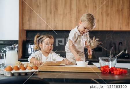 Sister and brother. Kids are preparing bakery at home 135563590