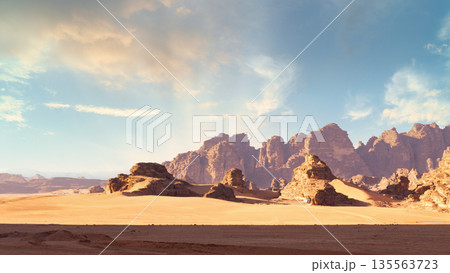 Desert landscape with rocky formations and clear sky at sunset in open area. Wadi Rum desert, Jordan 135563723