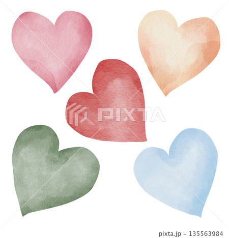 Set of watercolor illustrations of hearts, red, blue, pink, elements isolated on a white background, hand-drawn, for romantic print and party design 135563984