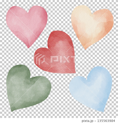 Set of watercolor illustrations of hearts, red, blue, pink, elements isolated on a white background, hand-drawn, for romantic print and party design 135563984