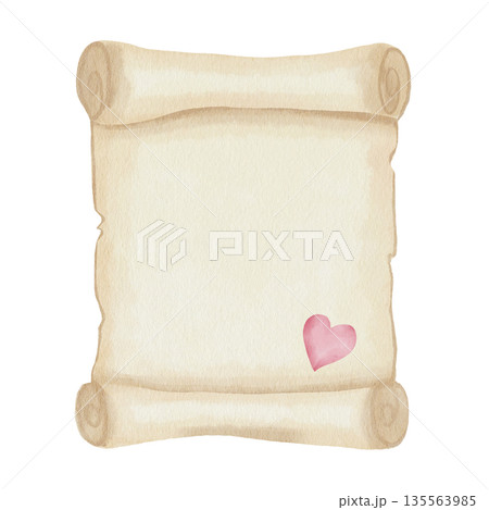 Unrolled vintage paper scroll with a pink heart, a hand-drawn watercolor illustration for love letters, Valentine's Day messages, and romantic design. Isolated on white background 135563985
