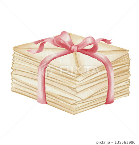 Watercolor illustration of a stack of letters tied with a red satin ribbon with a bow. Isolated on a white background. For designs for Valentine's Day, birthdays, March 8, holidays 135563986