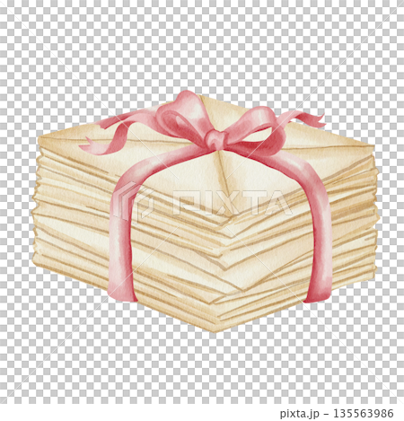 Watercolor illustration of a stack of letters tied with a red satin ribbon with a bow. Isolated on a white background. For designs for Valentine's Day, birthdays, March 8, holidays 135563986