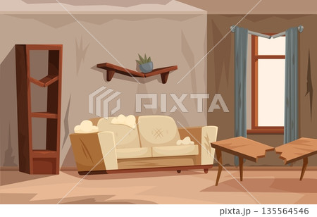 Messy living room. Abandoned house interior with damaged furniture. Apartment with broken table, shelf and rack, torn sofa or couch, sapid vector scene 135564546